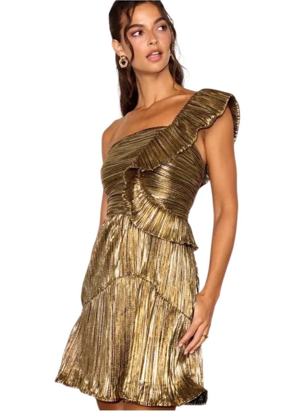 Lulu’s Kunissa Gold Plisse Ruffled One Shoulder Mini Dress